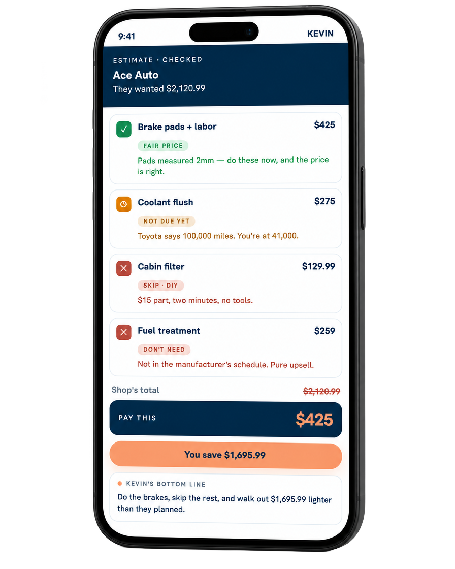 KEVIN app showing a marked-up repair estimate: pay $425 instead of $2,120.99